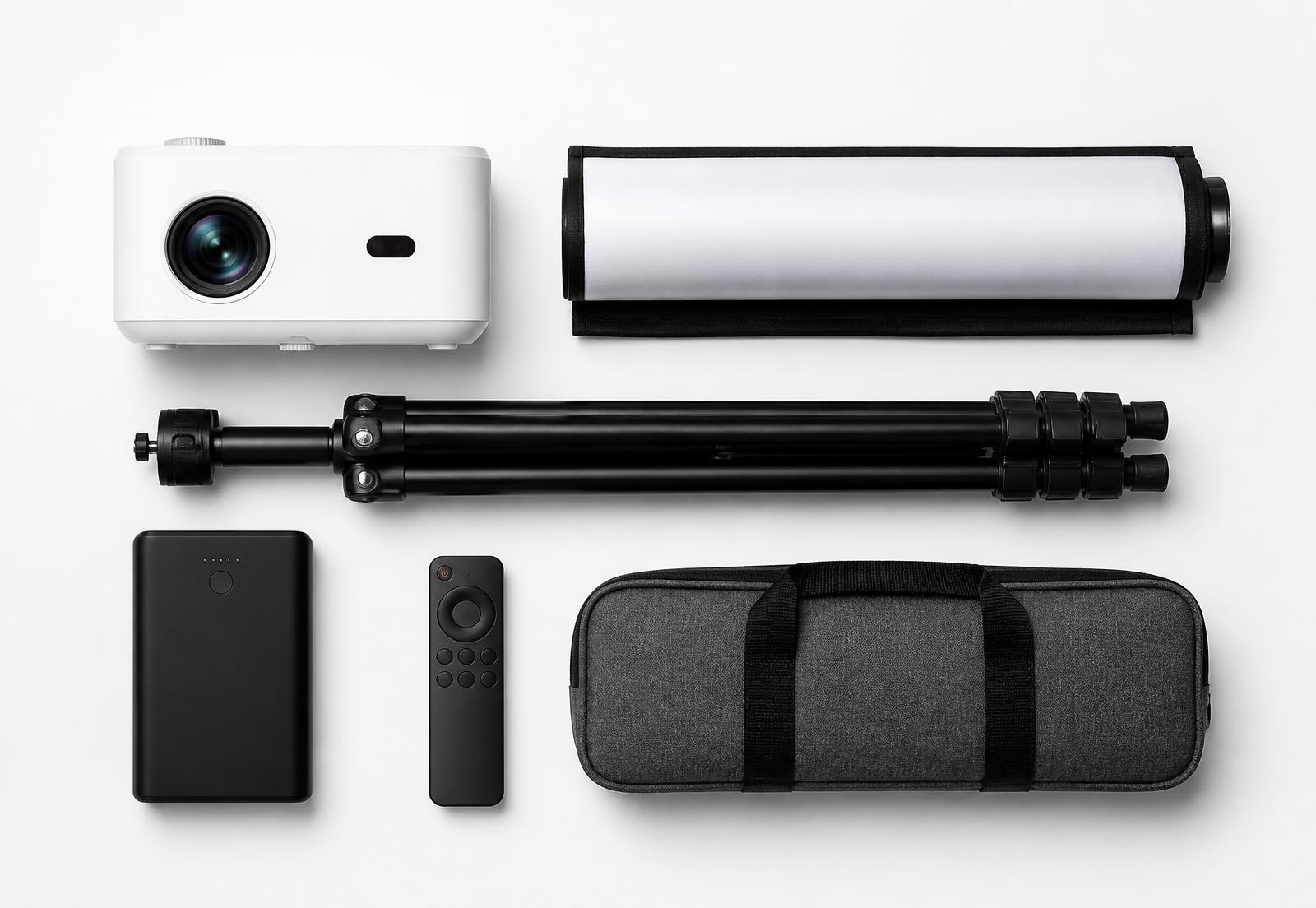 Inhalt des MUZEE Outdoor Cinema Kit von oben fotografiert
